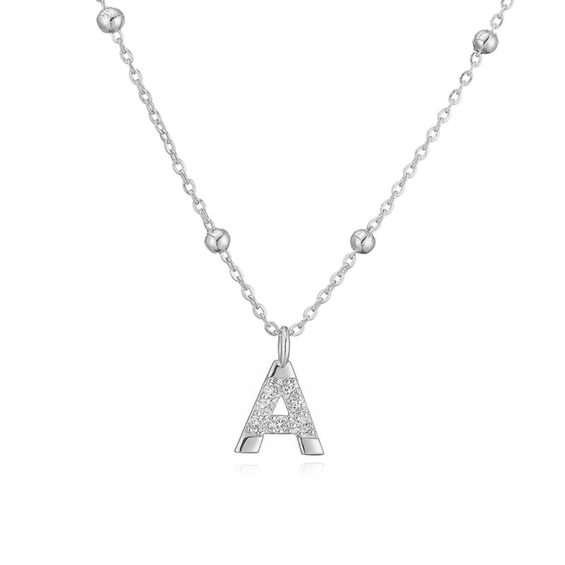 Silver-Tone Copper Zircon Inlaid 26 Letter Beaded Station Chain Necklace Versatile Alphabet Clavicle Chain 2