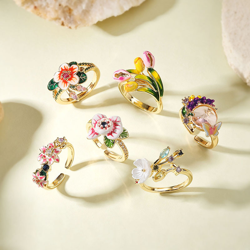 Copper Gold-Plated Colorful Enamel Floral Ring - Fresh Sweet Tulip Daisy Open Adjustable Finger Ring for Women — Rings | MAOLE Fine Jewelry