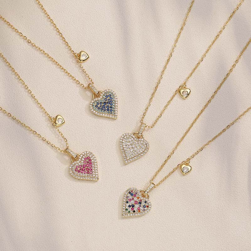 Exquisite Heart Pendant Necklace with Colorful Stones - Elegant Minimalist Clavicle Chain