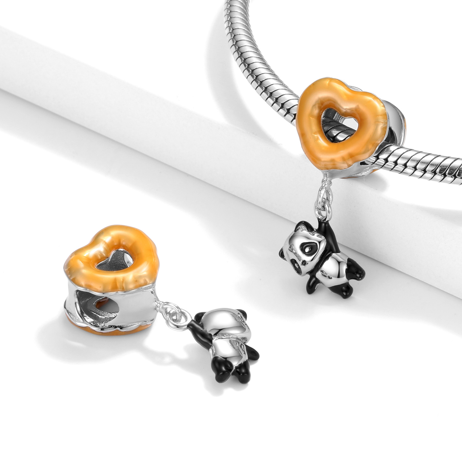 Colorful Heart Balloon Panda Charm 925 Sterling Silver Big Hole Bead for DIY Bracelet — Amber