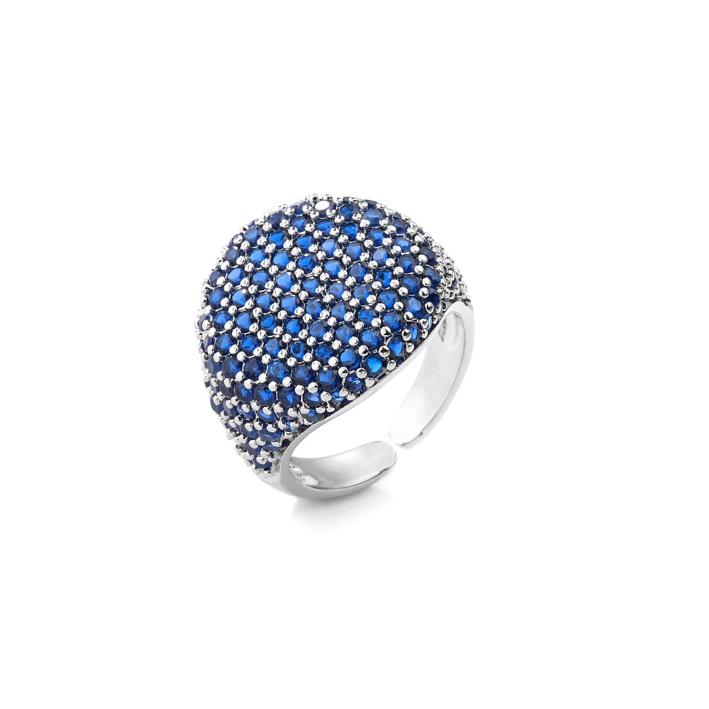 Full-Diamond Circular Open Geometric Zirconia Ring 18K Real Gold Plating Adjustable Women's Ring — Dark Blue/Silver