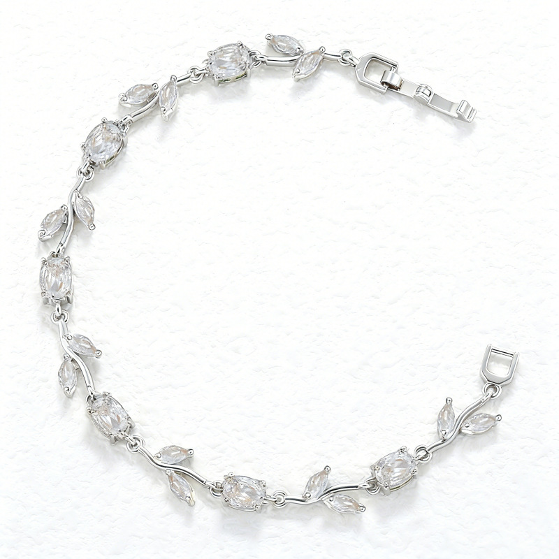 Elegant Versatile Copper-Inlaid Clear Crystal Leaf and Petal Bracelet, Fashion Luxury Tulip Layering Jewelry