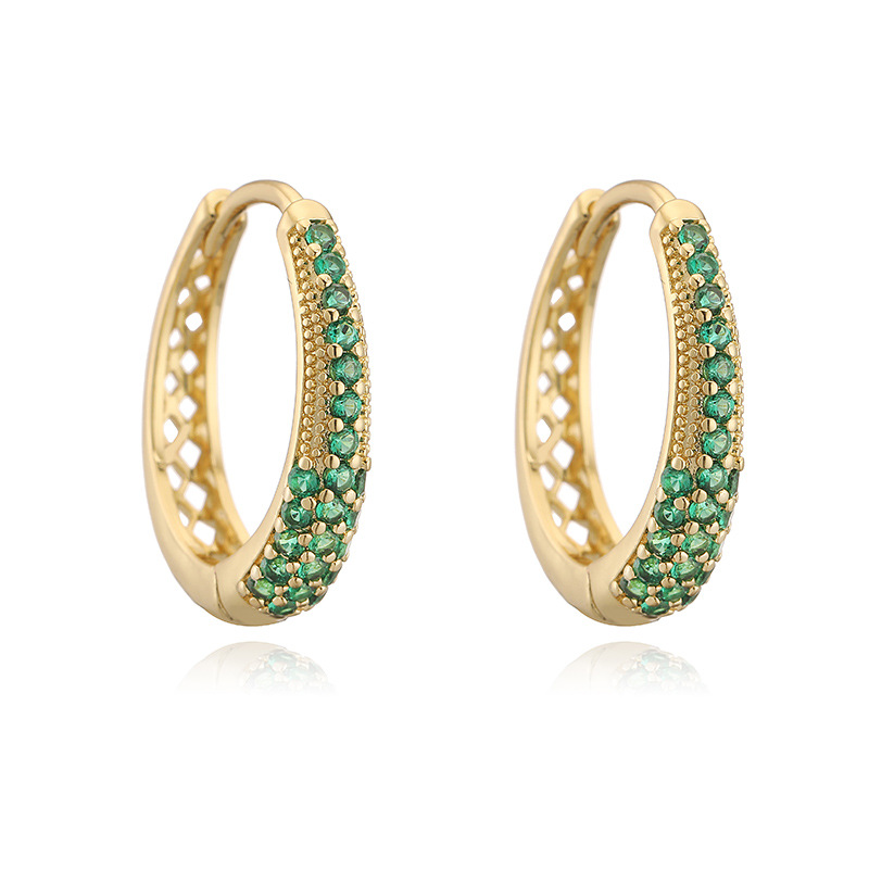 European Luxury Copper Inlaid Colored Diamond Oval Hoop Earrings Niche Design Hollow U-Shaped Huggie Earrings 8