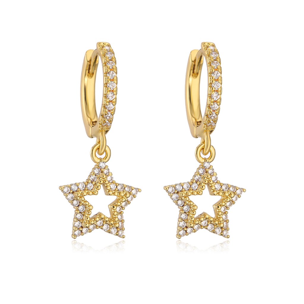 Zircon Star Dangle Hoop Earrings - Gold Plated