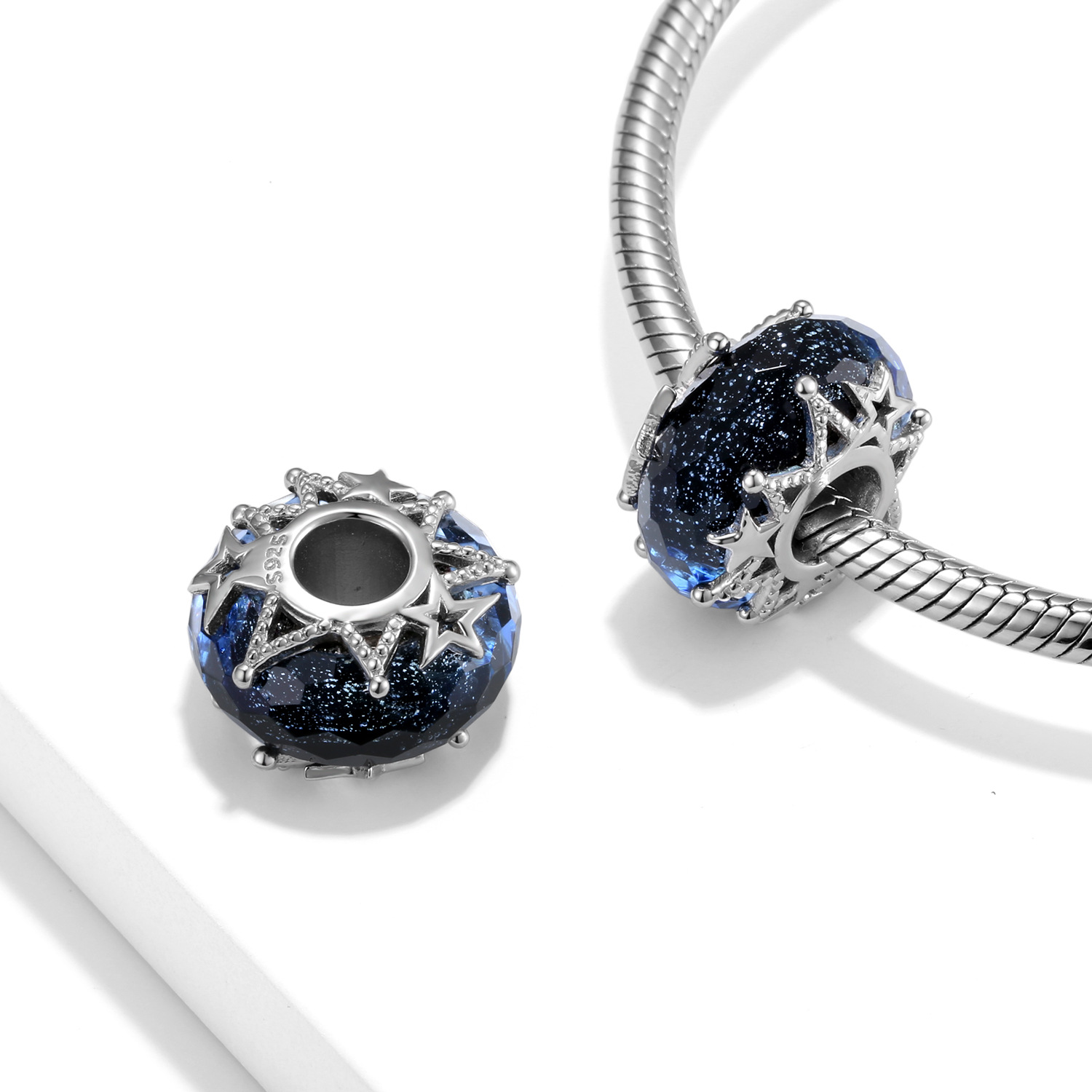 Deep Blue Starry Glazed Glass Charm Bead S925 Sterling Silver for Necklace or Bracelet — view 4