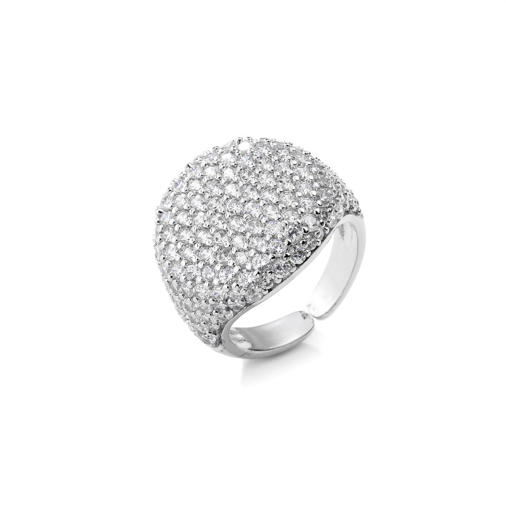 Full-Diamond Circular Open Geometric Zirconia Ring 18K Real Gold Plating Adjustable Women's Ring — Clear/Silver