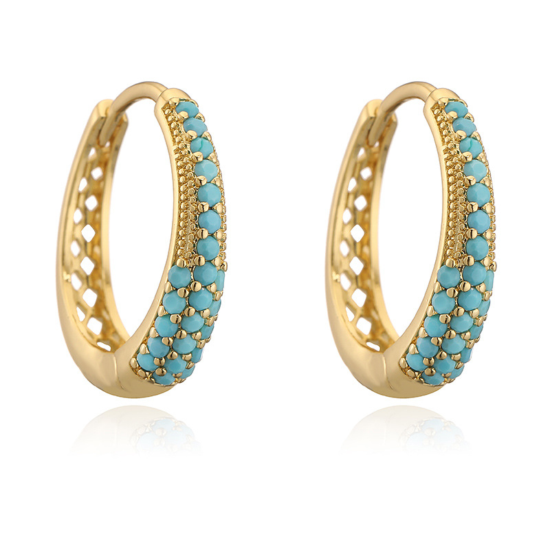 European Luxury Copper Inlaid Colored Diamond Oval Hoop Earrings Niche Design Hollow U-Shaped Huggie Earrings 4