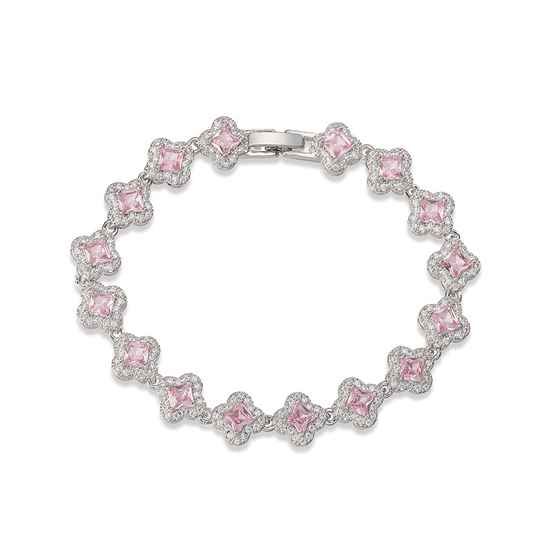 Copper Inlaid Colorful Zirconia Four-Leaf Clover Flower Petal Stackable Bracelet for Women - Luxury Sparkling Floral Bangle 4