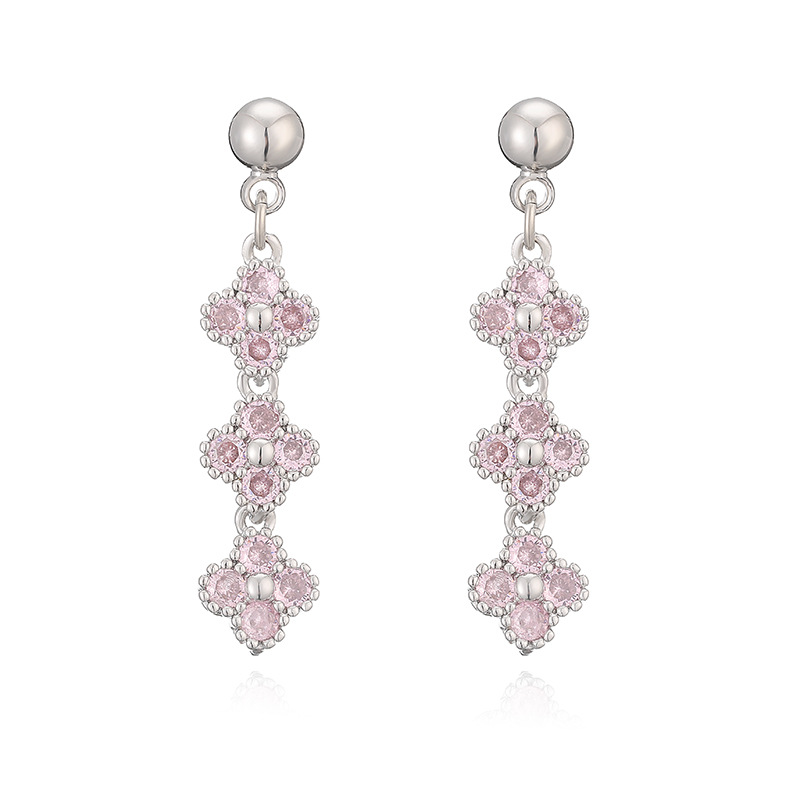 Elegant Crystal Flower Tassel Drop Earrings - Triple Floral Dangle Studs 17