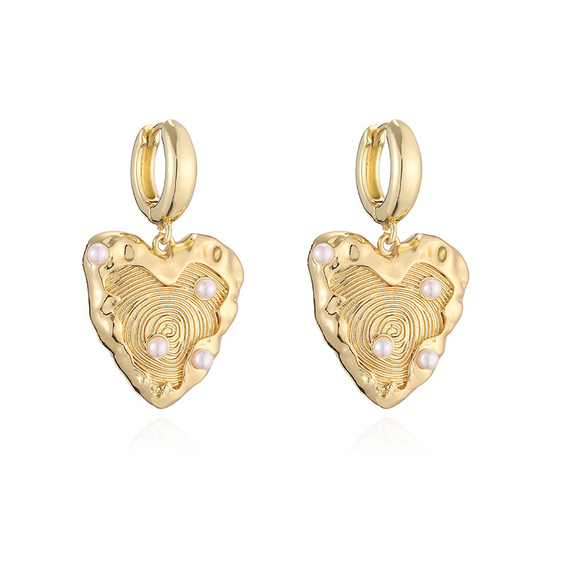 French Retro Copper Gold-Tone Pearl Heart Hoop Earrings
