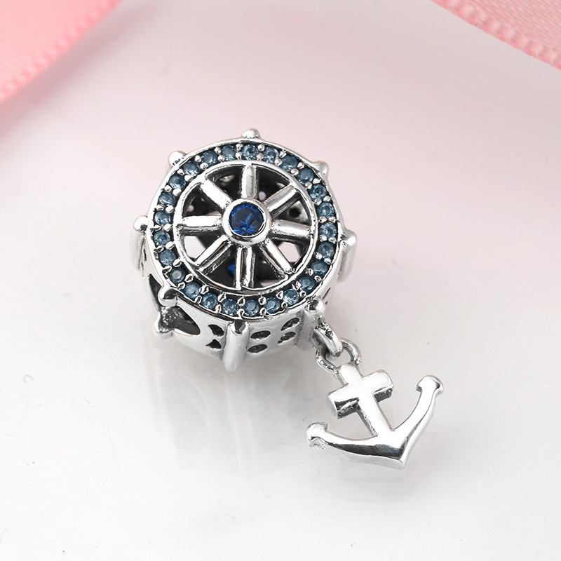 Ship Helm and Anchor Charm Bead S925 Sterling Silver Nautical Wheel with Blue CZ and Dangling Anchor for Bracelet — view 4