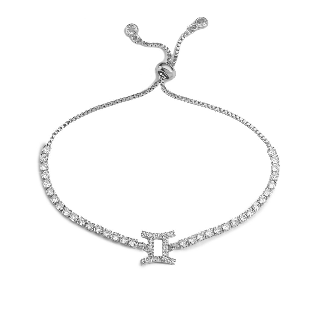 Zodiac Sign Adjustable Tennis Bracelet - Zirconia Constellation Charm Bolo Bracelet — Silver - Gemini