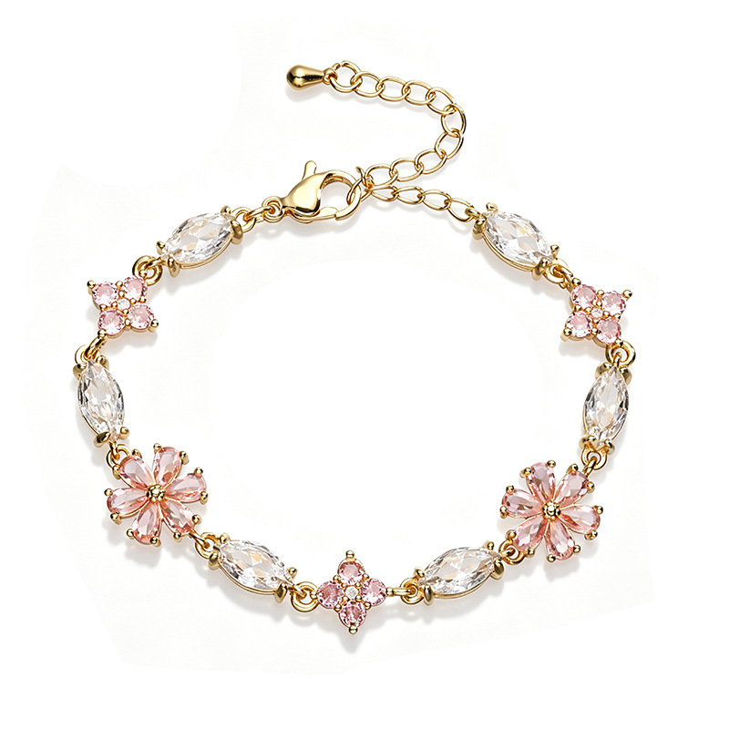 Elegant Sweet Copper Inlaid Pink Zircon Cherry Blossom Spliced Bracelet Niche High-Sense Flower Petal Charm Chain — Gold-tone