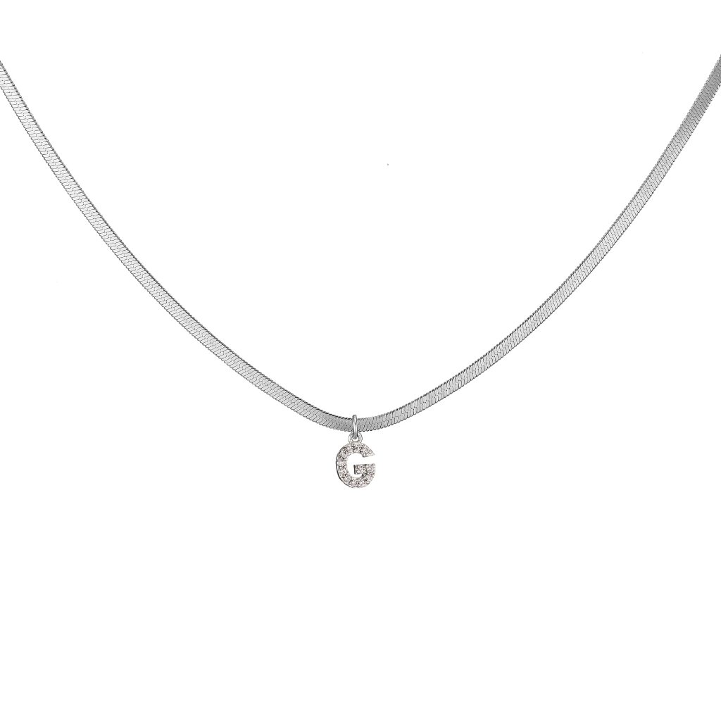 Silver-Tone Micro-Paved Letter Necklace Blade Chain Flat Snake Bone Chain Stainless Steel Necklace