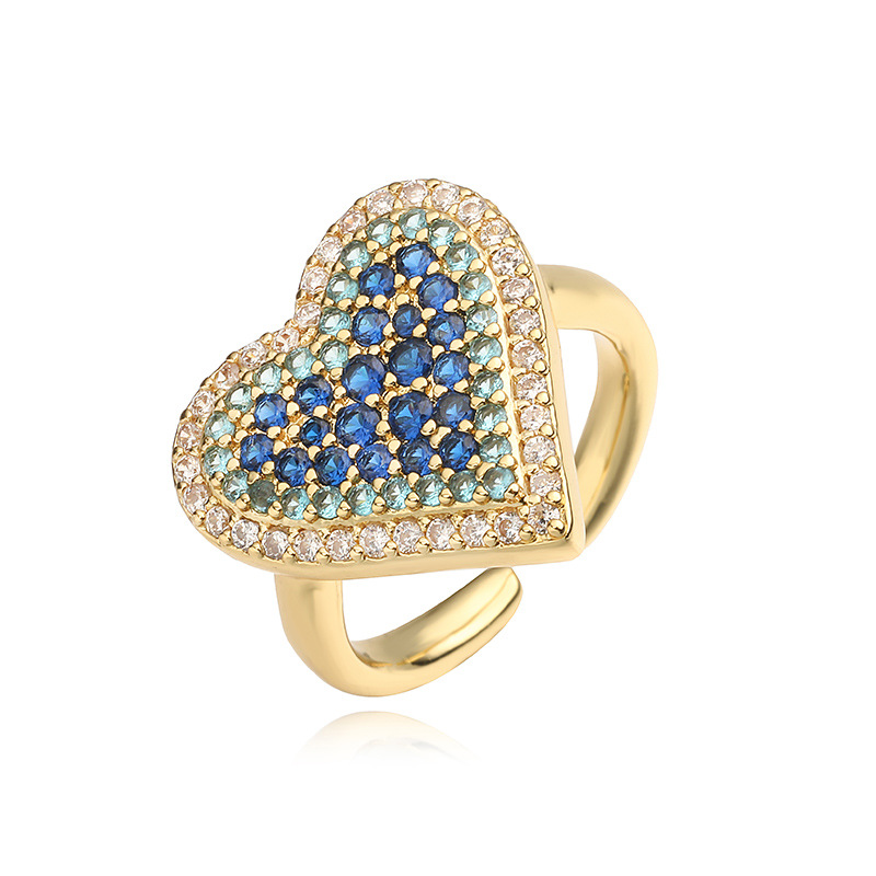 Fashion Luxury Copper Inlaid Colored Diamond Heart-Shaped Ring - Niche High-End Adjustable Jewelry — Gold-Blue