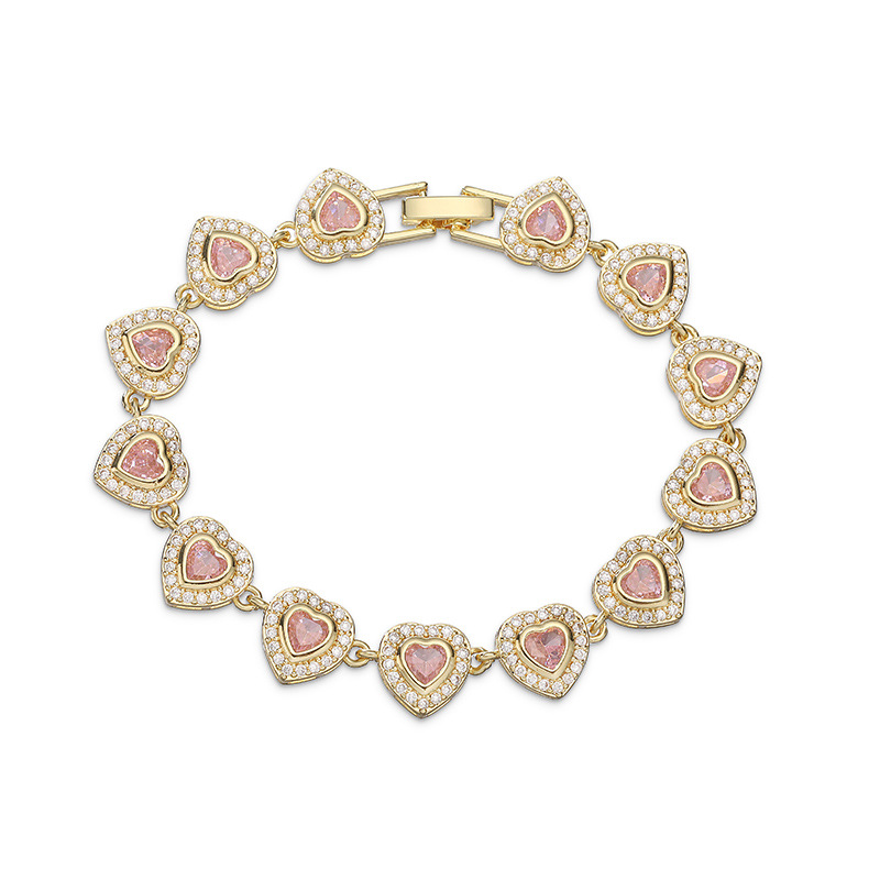 Copper Inlaid Crystal Heart Link Bracelet - Light Luxury Heart Charm — Gold Pink