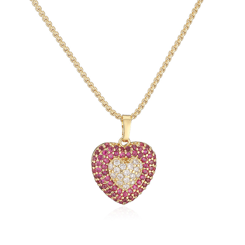 Exquisite Light Luxury Copper Inlaid Colorful Zircon Double-Layer Heart Pendant Necklace Super Sparkly Heart Dangle Charm Chain — Gold-tone with Magenta Heart