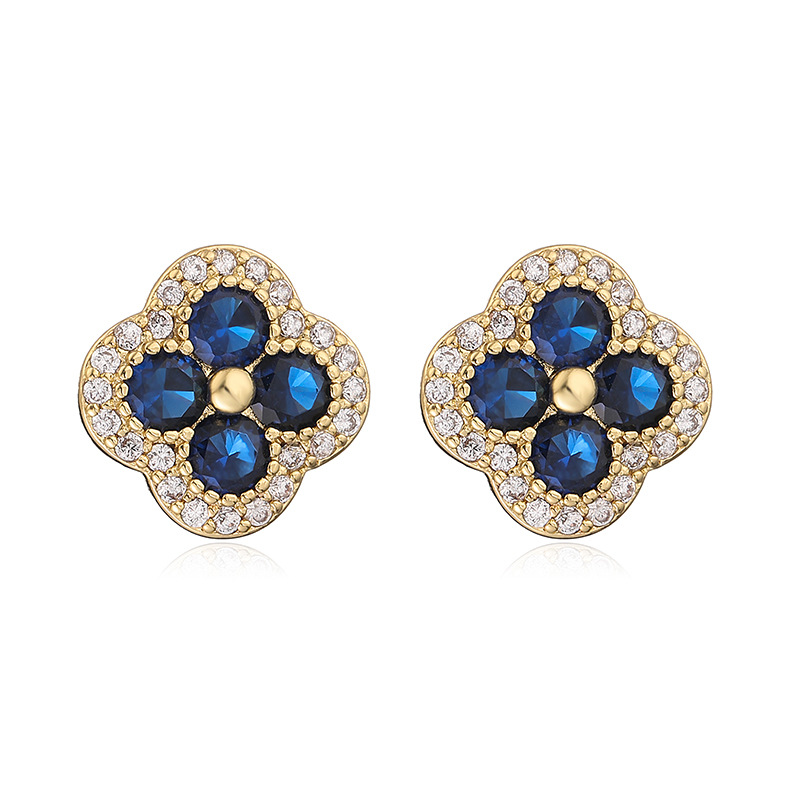 Copper Inlaid Color Stone Stud Earrings - Clover Flower (Gold, Blue)