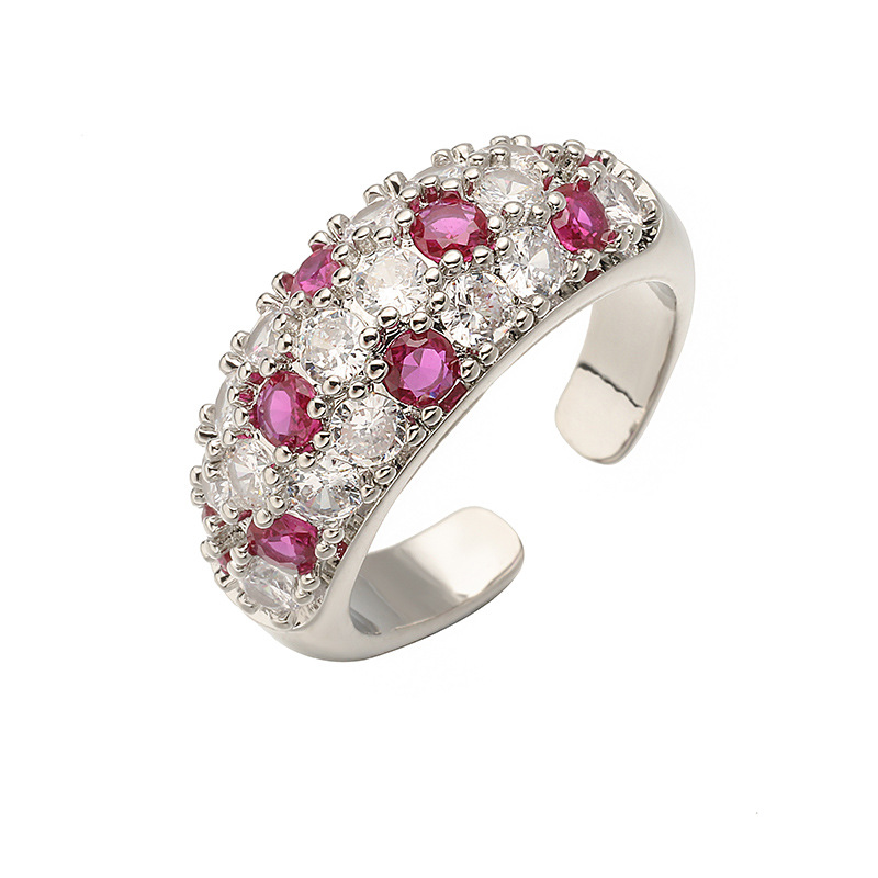 Copper Inlaid Colorful Diamond Circular Open Adjustable Ring Niche High-End Pave-Set Ring — Pink/Silver
