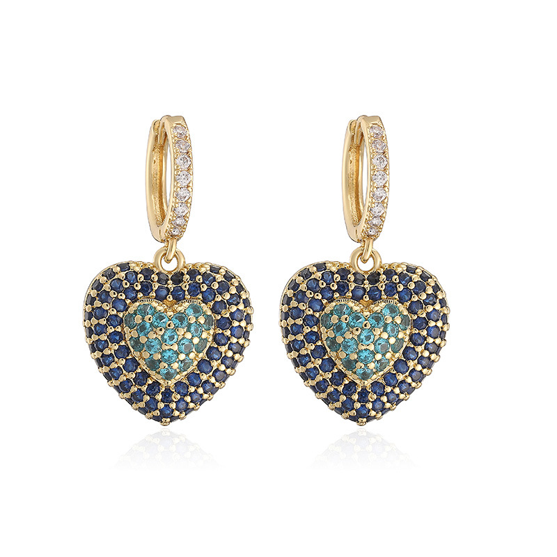 Exquisite Light Luxury Copper Inlaid Colorful Zircon Double-Layer Heart Huggie Hoop Earrings Super Sparkly Heart Dangle Charms — Gold-tone with Blue Heart