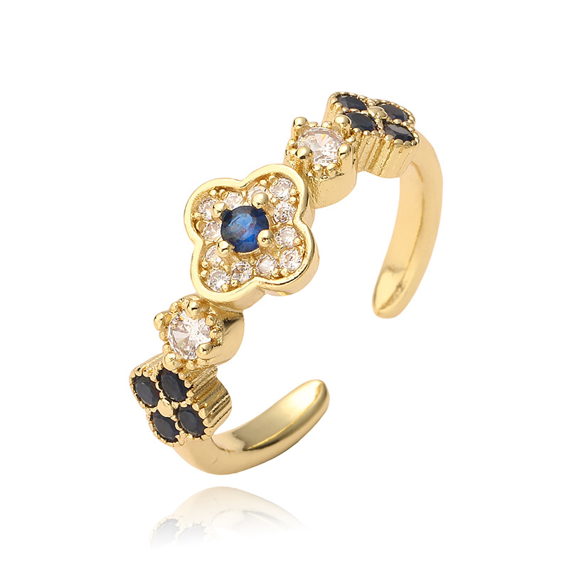 Copper Inlaid Multi-Color Zirconia Flower Ring for Women - Adjustable Open Ring — Blue