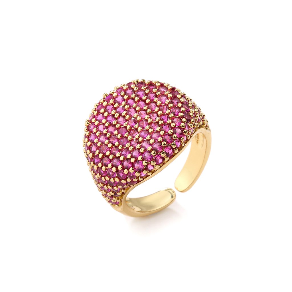 Full-Diamond Circular Open Geometric Zirconia Ring 18K Real Gold Plating Adjustable Women's Ring — Fuchsia/Gold