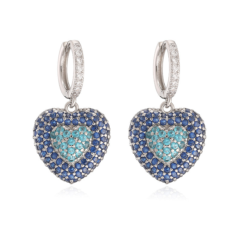 Exquisite Light Luxury Copper Inlaid Colorful Zircon Double-Layer Heart Huggie Hoop Earrings Super Sparkly Heart Dangle Charms — Silver-tone with Blue Heart