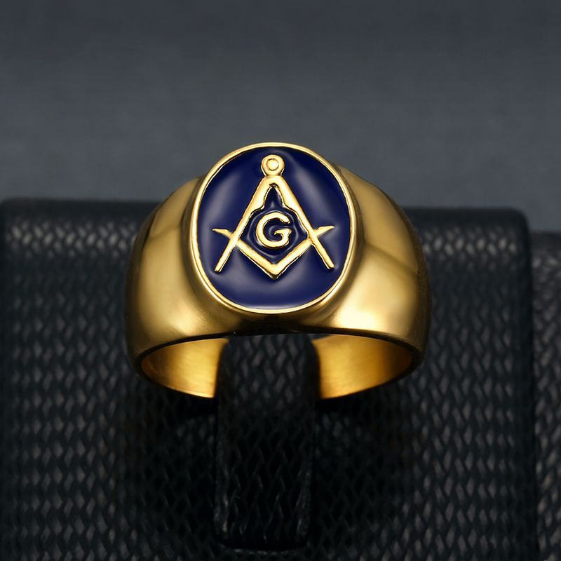 Gold-Plated Blue Enamel Freemason Signet Ring — view 2