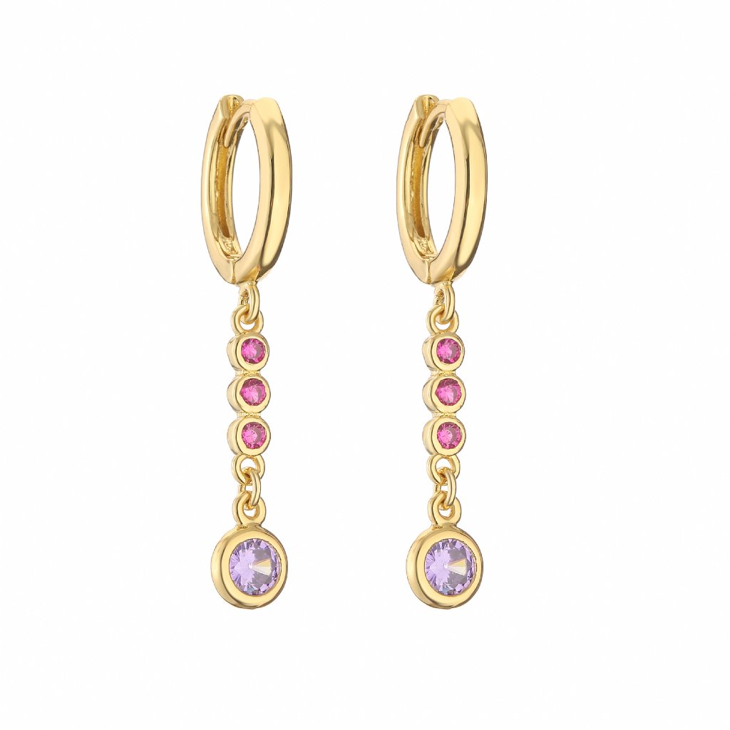 18K Gold Plated Copper Round Huggie Hoop Earrings with Colorful Zircon Dot Chain Dangle Charms — Long - Pink Chain with Purple End