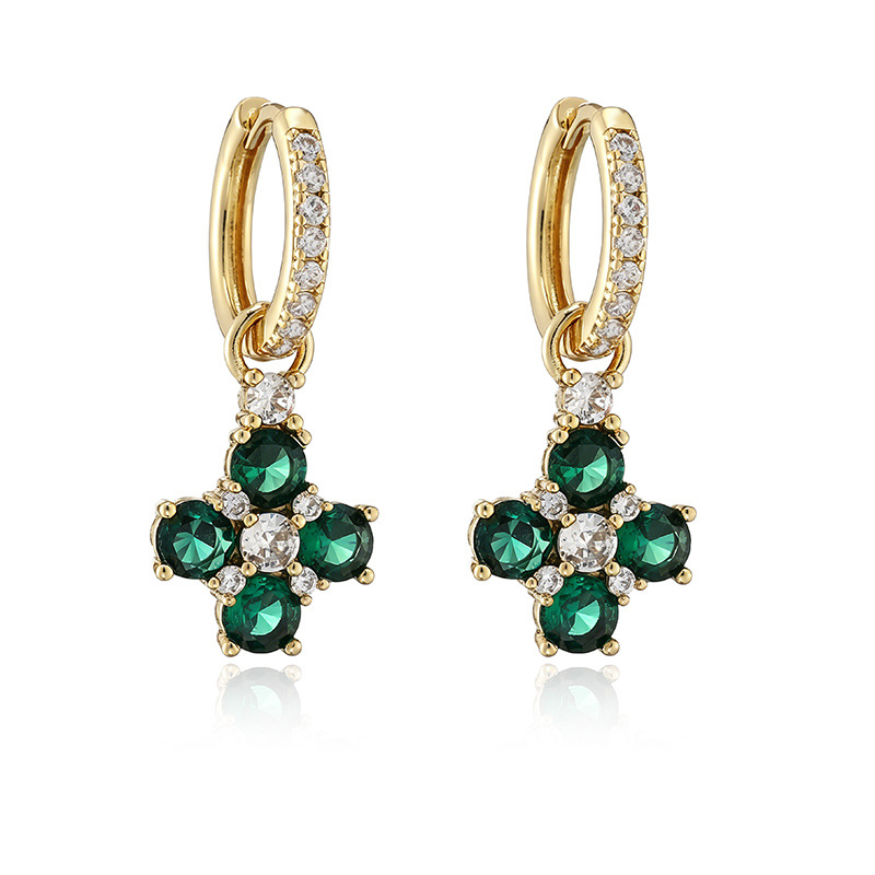 Copper Inlaid Colorful Zircon Flower Huggie Hoop Earrings Dainty Flower Petal Dangle Charms for Women — Gold-tone with Green Flower