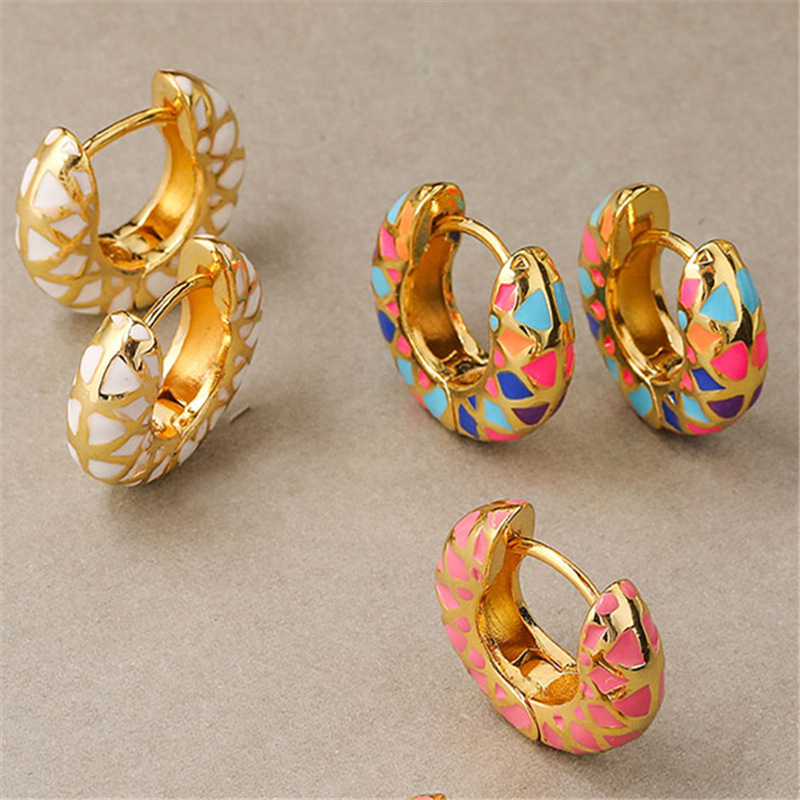 New Colorful Drip Oil Enamel U-Shape Hoop Earrings Creative Spliced Diamond Lattice Pattern