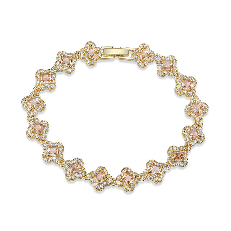 Copper Inlaid Colorful Zirconia Four-Leaf Clover Flower Petal Stackable Bracelet for Women - Luxury Sparkling Floral Bangle 5