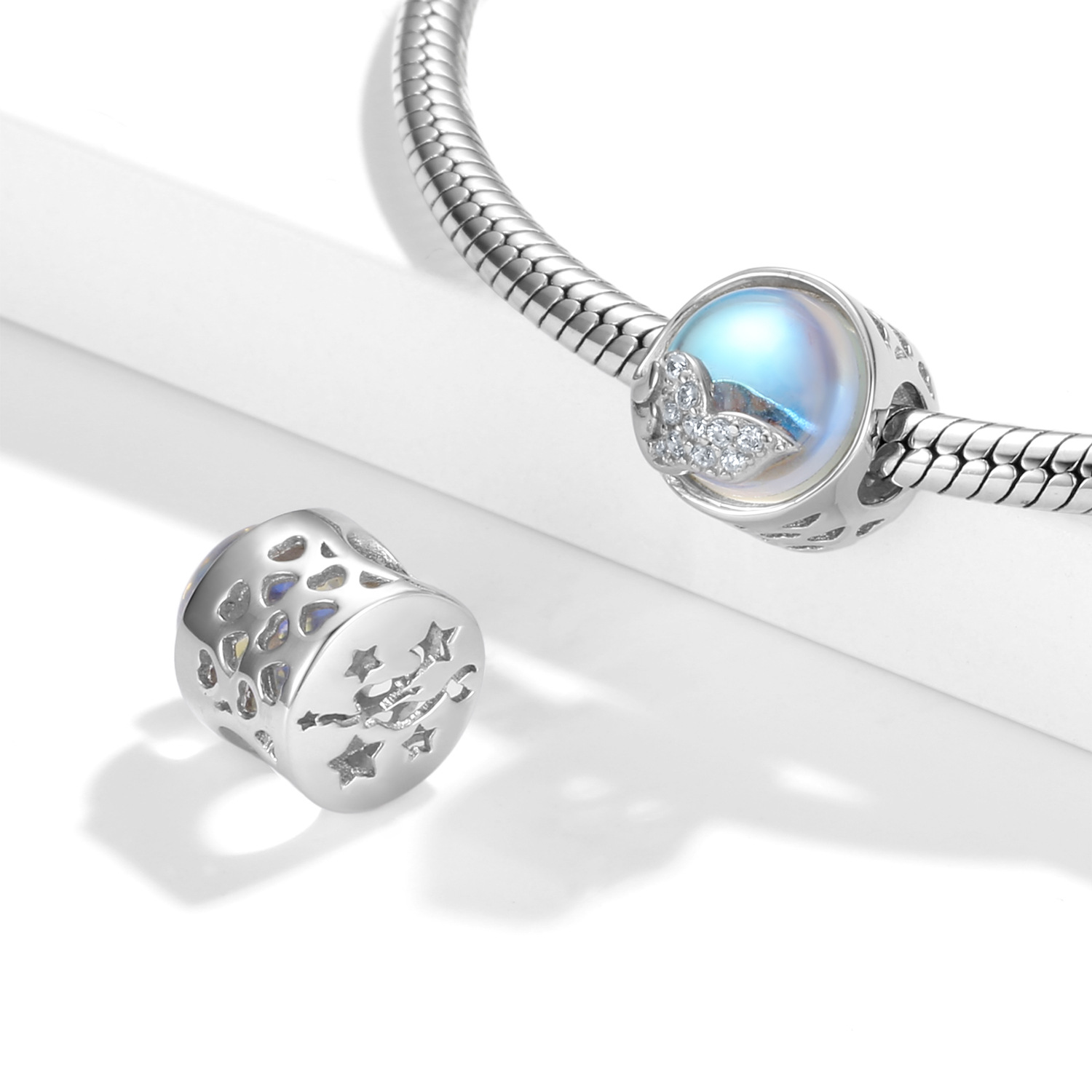 Moonstone Mermaid Tail Charm - 925 Sterling Silver Round Bead — view 2