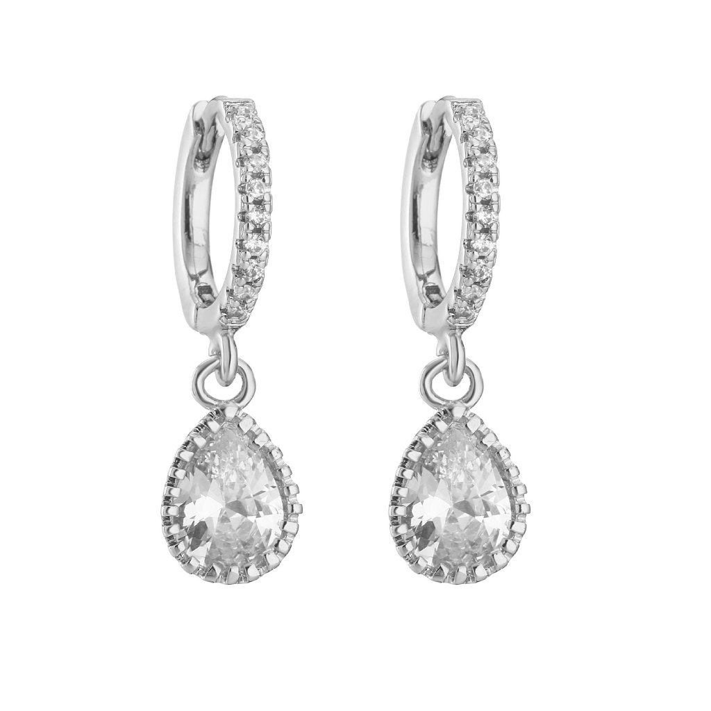 Zirconia Teardrop Huggie Hoop Earrings - Silver Plated