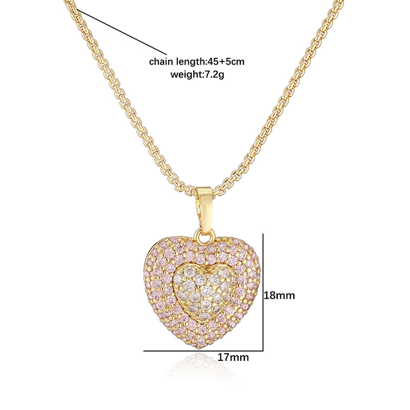 Exquisite Light Luxury Copper Inlaid Colorful Zircon Double-Layer Heart Pendant Necklace Super Sparkly Heart Dangle Charm Chain — Spec Chart - Gold Pink