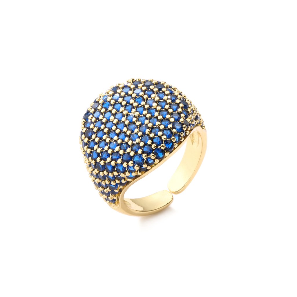 Full-Diamond Circular Open Geometric Zirconia Ring 18K Real Gold Plating Adjustable Women's Ring — Deep Blue/Gold