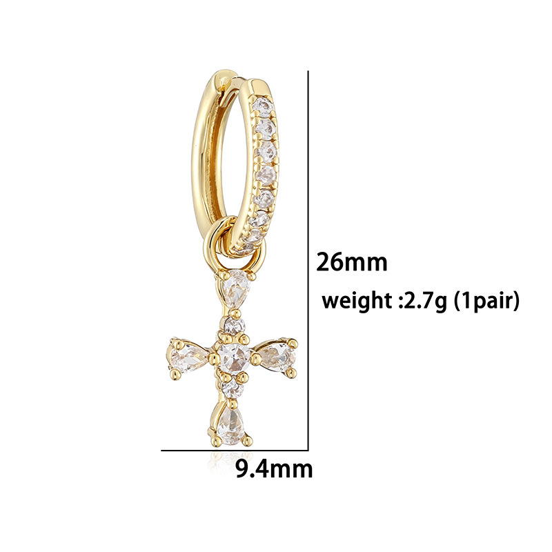 Copper Gold-Plated Colorful Zircon Cross Huggie Hoop Earrings Trendy Hip-Hop Style Cross Dangle Charms — Spec Chart - Gold Clear