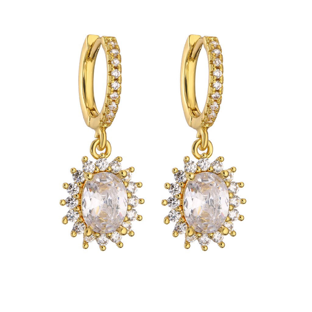 Zirconia Oval Drop Hoop Earrings - Gold Plated