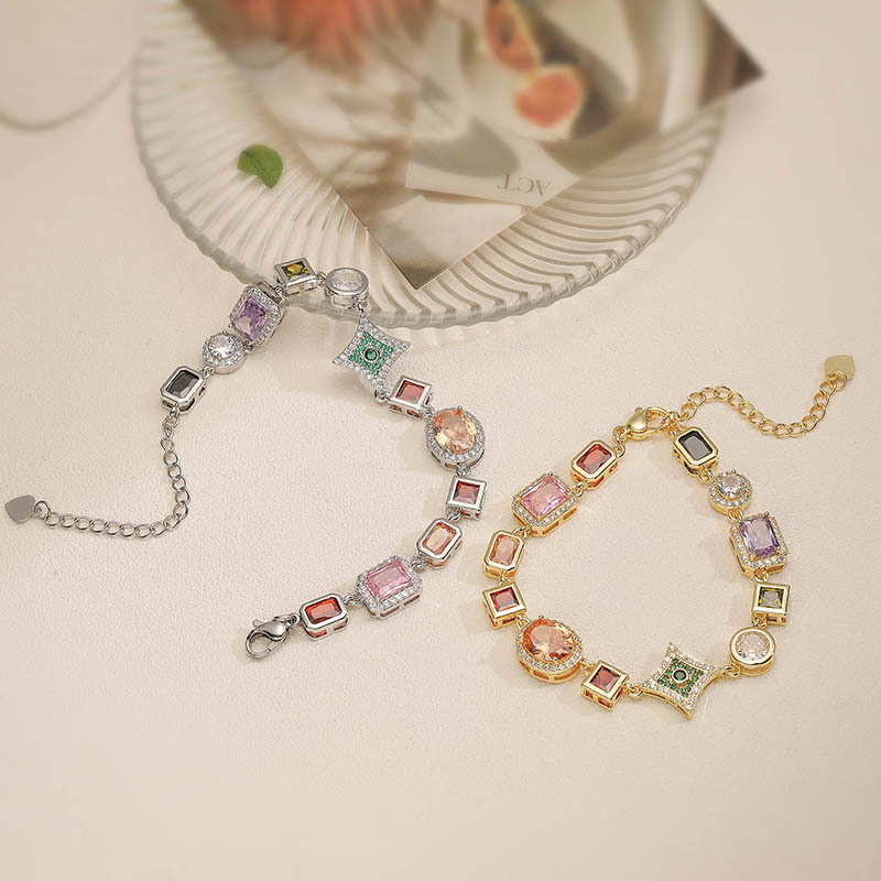 Exquisite Luxury Copper Inlaid Colorful Zircon Heart Oval Square Multi-Gemstone Charm Bracelet — Both Colors Alternate Display