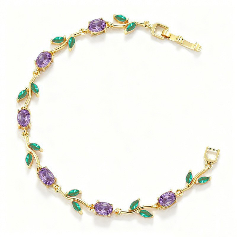 Elegant Versatile Copper-Inlaid Colorful Diamond Leaf and Petal Bracelet, Fashionable Luxury Leaf and Tulip Layering Jewelry