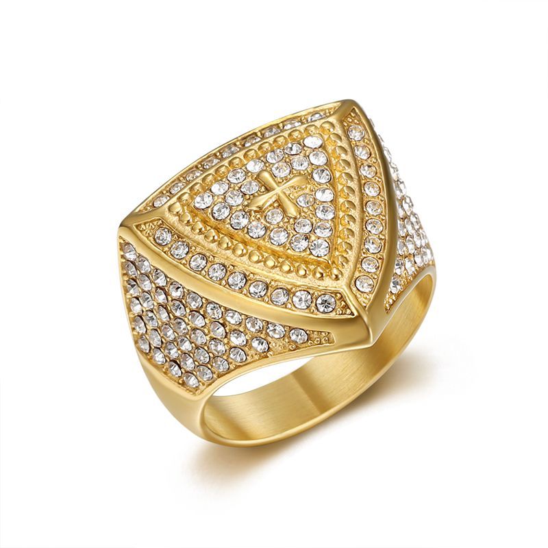 Gold-Plated Triangular Cross Rhinestone Signet Ring