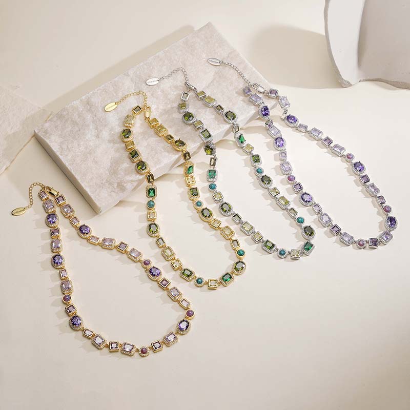 Exquisite Luxury Copper Inlaid Colored Diamond Oval and Square Splicing Necklace