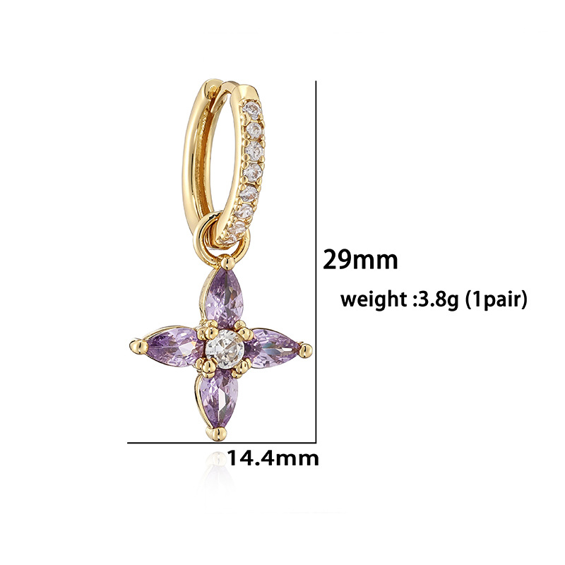 Copper Inlaid Colorful Zircon Marquise Petal Flower Huggie Hoop Earrings Dainty Floral Dangle Charms for Women — Spec Chart - Gold Purple