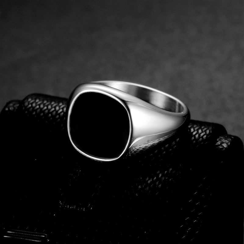 Steel Black Enamel Minimalist Signet Ring 2