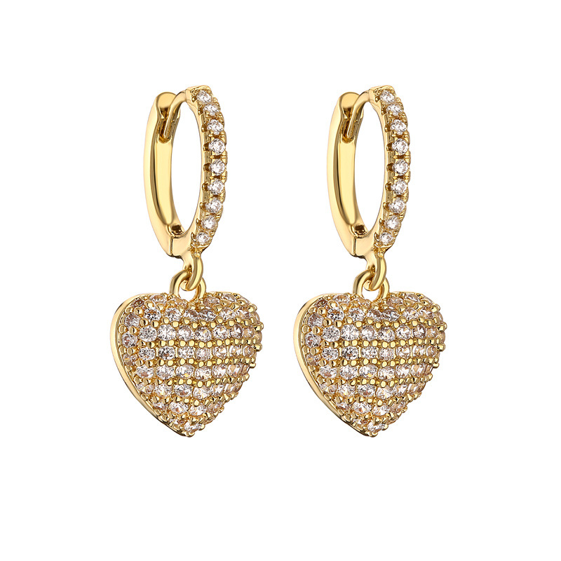 French-Style Light Luxury Colorful Zircon Heart Huggie Hoop Earrings with Pavé Heart Dangle Charms — Clear/White