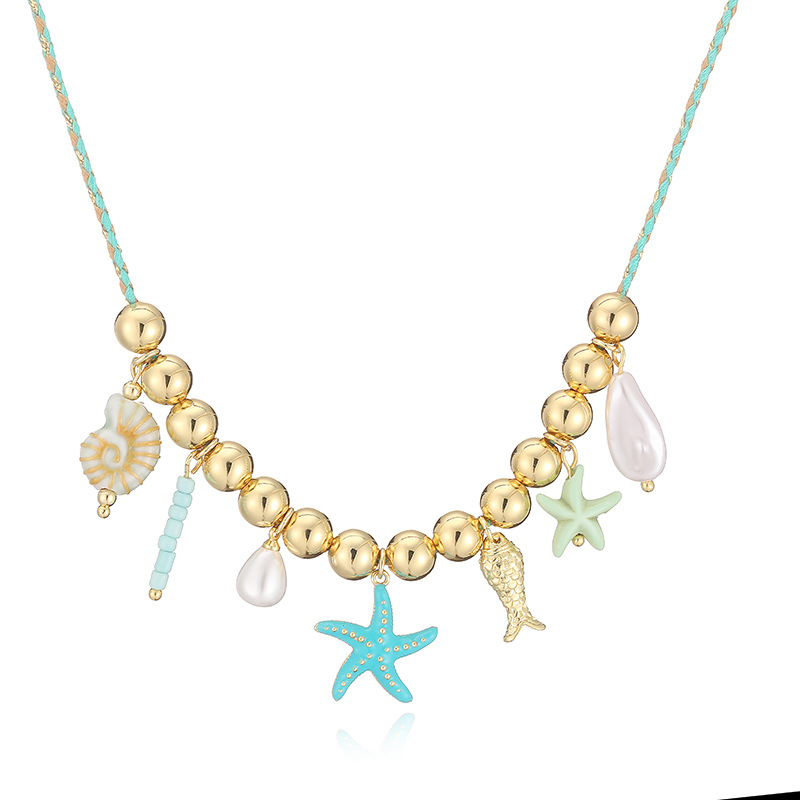 Sweet Dopamine Ocean-Themed Charm Necklace - Gold Bead & Turquoise Cord (Seashells, Starfish, Conch, Tropical Fish, Sea Turtle) — Charms | MAOLE Fine Jewelry