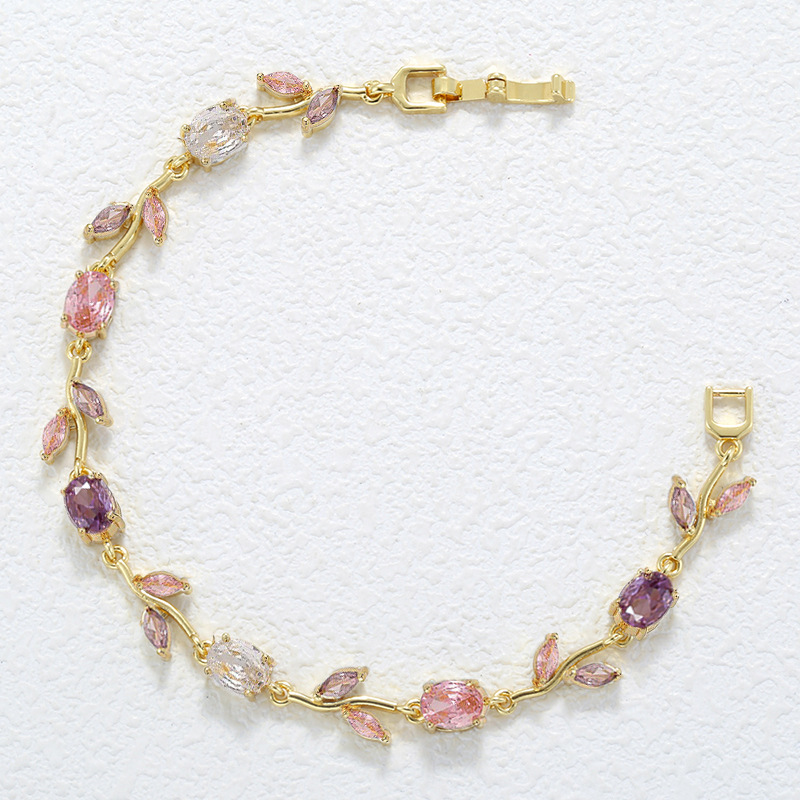 Elegant Versatile Copper-Inlaid Colorful Diamond Leaf and Petal Bracelet, Fashion Luxury Leaf and Tulip Layering Jewelry