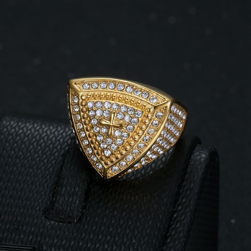 Gold-Plated Triangular Cross Rhinestone Signet Ring 3