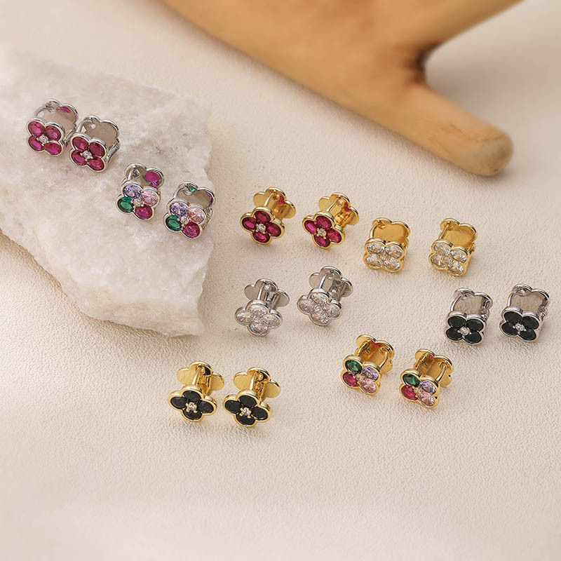 Exquisite Light-Luxury Copper Inlaid Colorful Zirconia Double-Sided Flower Huggie Hoop Earrings - Sweet Versatile Flower Petal Stackable Earrings for Women 1