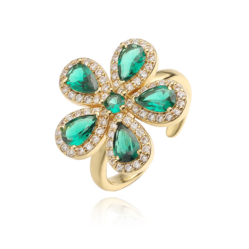 Copper Inlaid Colorful Zirconia Flower Petal Ring - Luxury Sparkle Five-Petal Adjustable Open Ring 12
